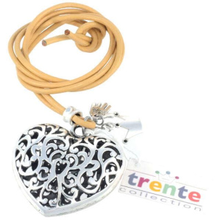 Lederkette mit Anhänger Herz Antiksilber Beige