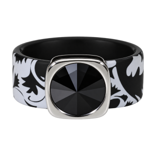Ring Black & White Floral Kautschuk Silber plated . Crystal Jet