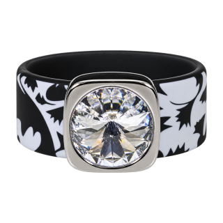 Ring Black & White Floral Kautschuk Silber plated . Crystal Crystal